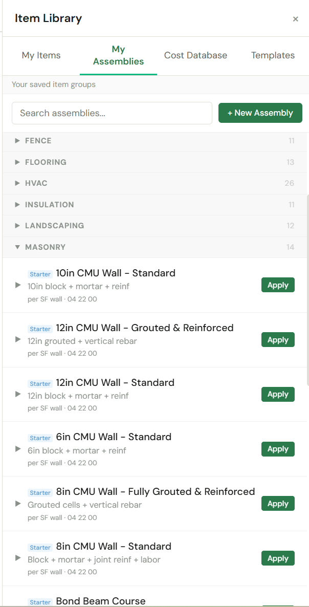 ScopeTakeoff masonry assembly library showing starter CMU wall assemblies — 8in, 10in, and 12in CMU walls with block, mortar, joint reinforcement, grout, and labor bundled per SF of wall