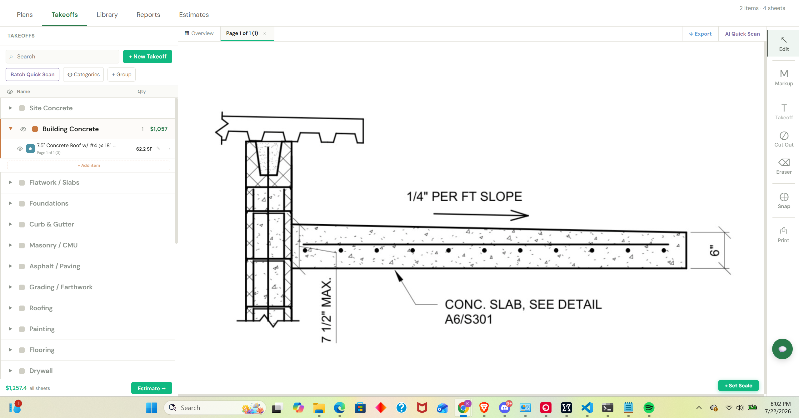 ScopeTakeoff plan takeoff view with a structural detail open and trade categories including Masonry / CMU in the left rail, used to measure wall area directly off the drawings