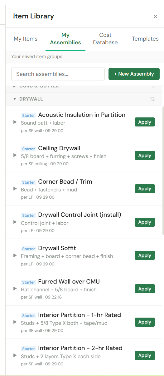 ScopeTakeoff drywall assembly library showing starter drywall assemblies that bundle board, metal framing, screws, tape, joint compound and labor per square foot of wall